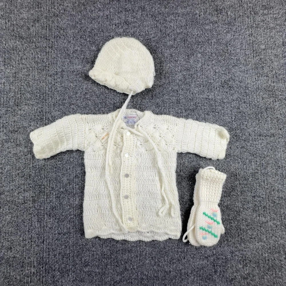 VTG Cradleknit Layette Set Unisex 6-9 Months White Sweater Hat Mittens